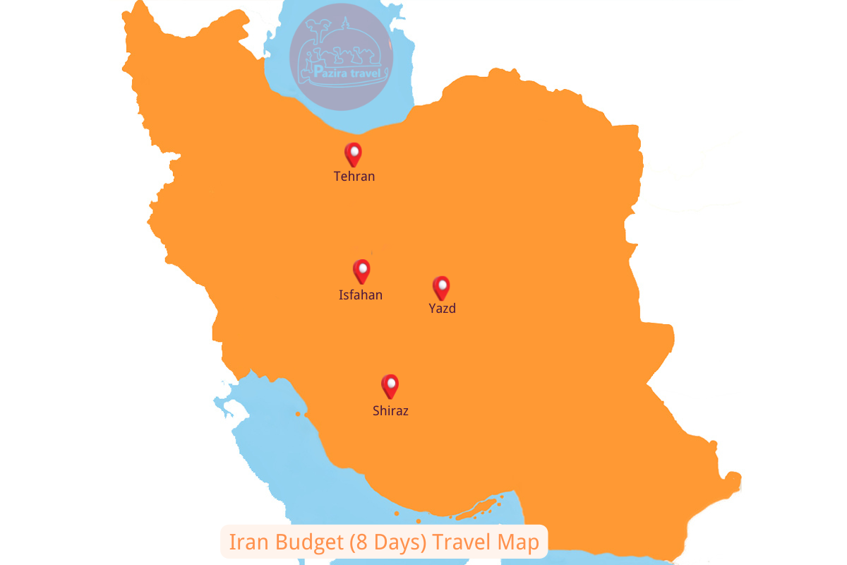 Explorez l'itinéraire d'un voyage économique en Iran (8 jours) sur la carte !