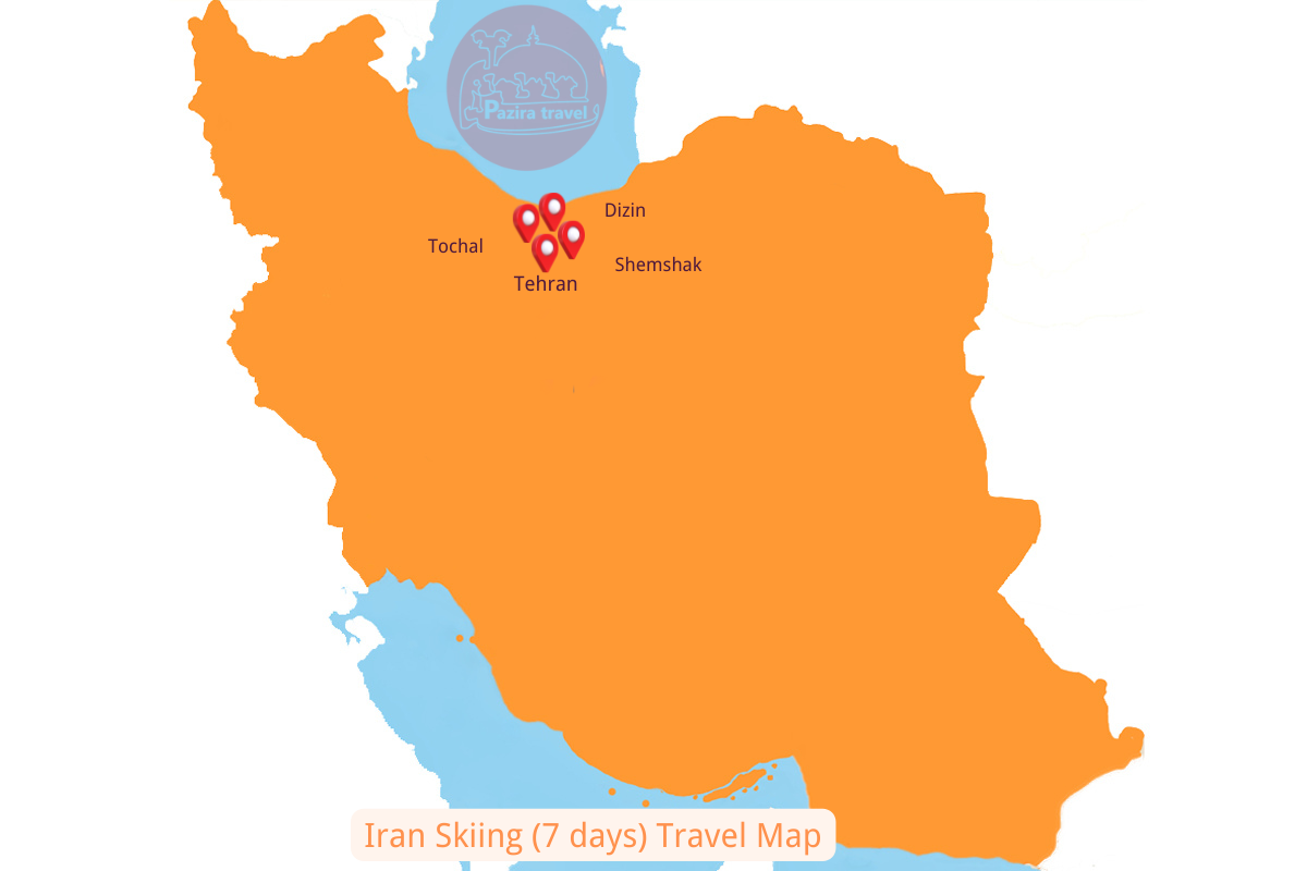 Explorez l'itinéraire du voyage de ski en Iran (7 jours) sur la carte !